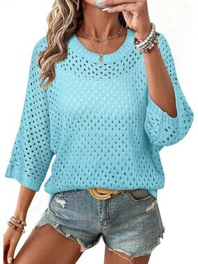 Women's Blue Sweaters Crew Neck Length Sleeve Crochet Tops Knit Beach Cover Ups